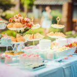 A vibrant outdoor buffet table showcasing an array of colorful pastries and fruits, perfect for parties.